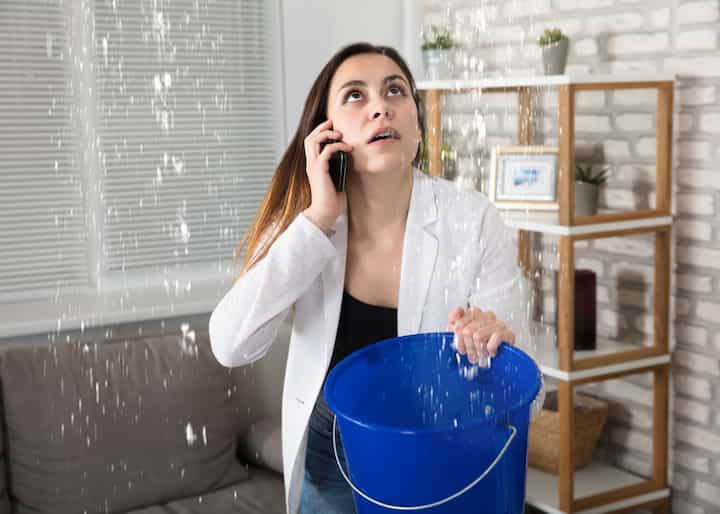 A woman holding a bucket trying to catch water leaking from her water damaged ceiling in sun city center, FL